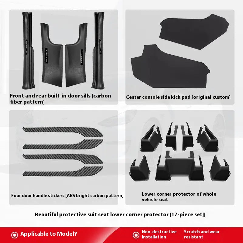 Tesla Model 3/Y personalized carbon fiber door sill strips, full corner guards and under-seat protection accessories