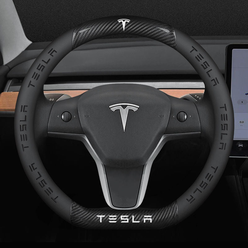 Tesla-Auto personalisierte Lenkradabdeckung aus Kohlefaser-Wildleder, rutschfeste Lenkerabdeckung, die Autobesitzer haben müssen